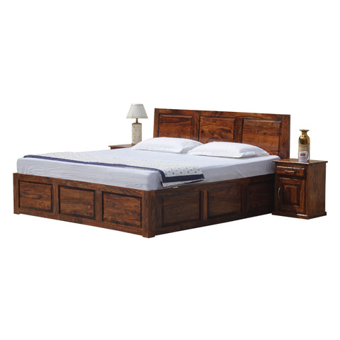 Fasica Solid Wood Double Bed with Two Bed Side with Box Storage in Honey Oak Finish