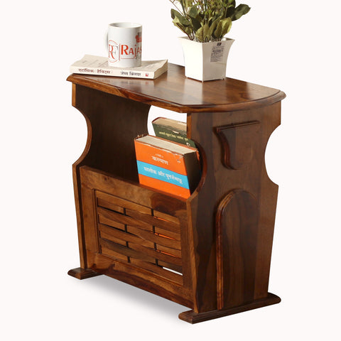 Solid Wood Niwar Magzine Stand cum Side Table in Natural Finish - Rajasthali Furniture 