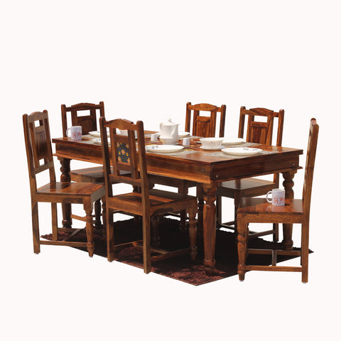 Solid Sheesham Wood Six Seat Ceramic Tile Dining Table Set in Natural Finish - Rajasthali Furniture 