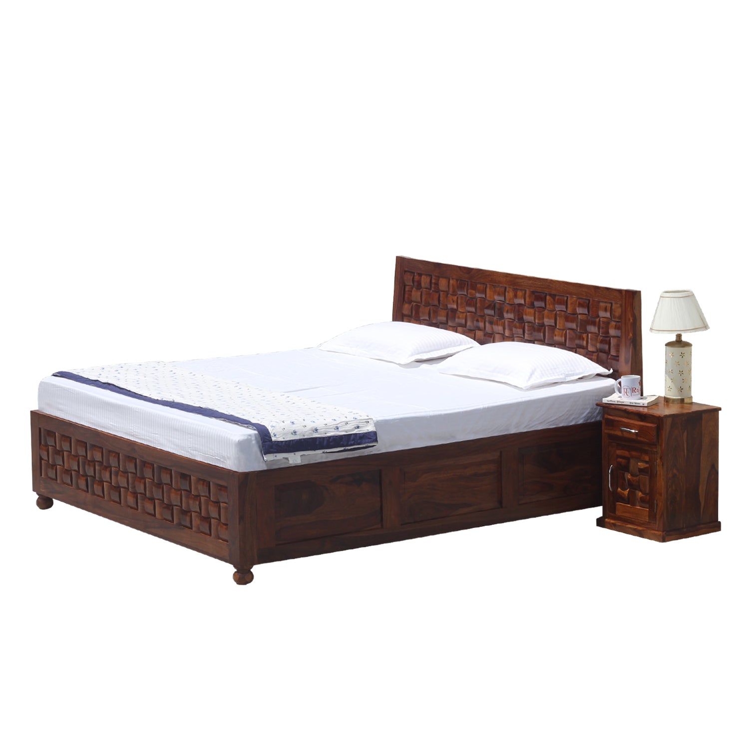 Solid Wood Niwar King Size Double Bed with Legs and Box Storage in Natural Finish With Two Bedside - Rajasthali Furniture 