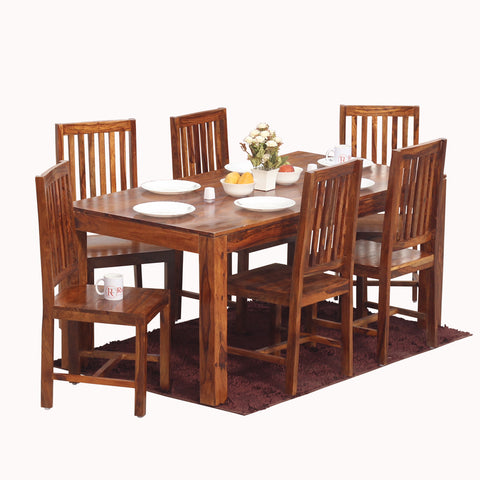 Samoa Solid Sheesham Wood Six Seat Dining Table set in Natural Finish - Rajasthali Furniture 