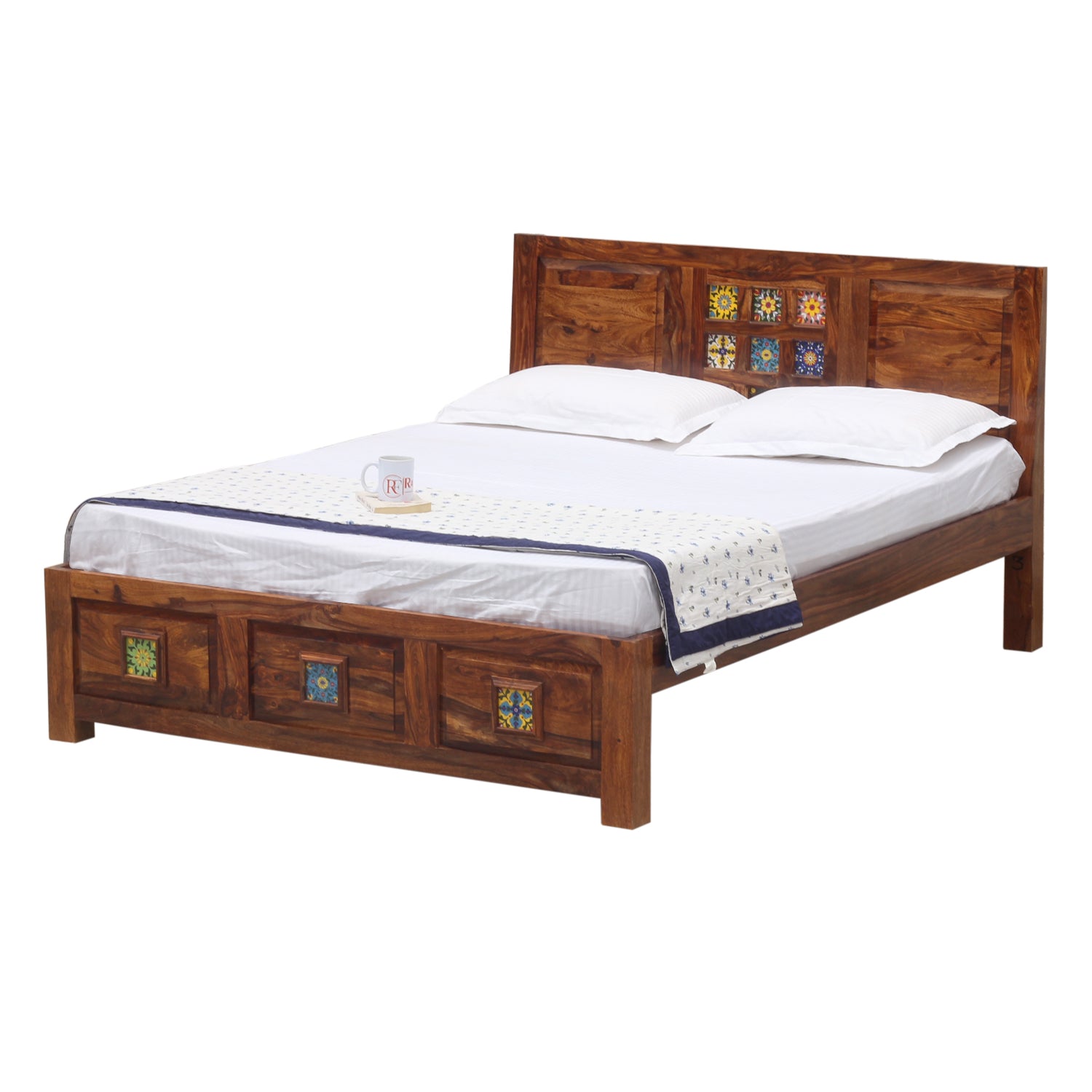 Hinton Solid Wood Double Bed Without Storage in Honey Oak Finish - Rajasthali Furniture 