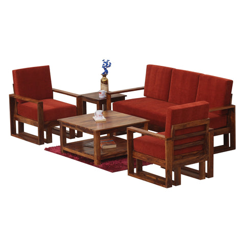 Cucus Double Leg Solid Wood Five Seat Sofa Set (3+1+1) In Honey Oak Finished - Rajasthali Furniture 