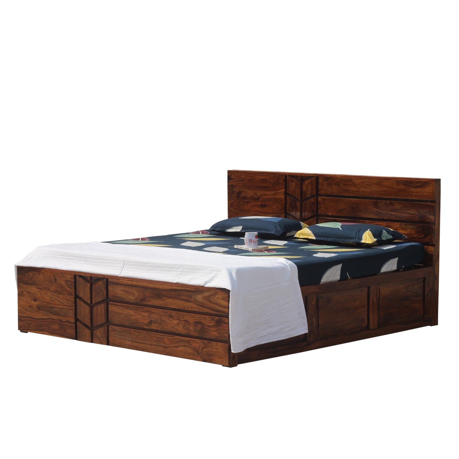 Solid Wood M Design King Size Double Bed with Box Storage in Natural Finish - Rajasthali Furniture 