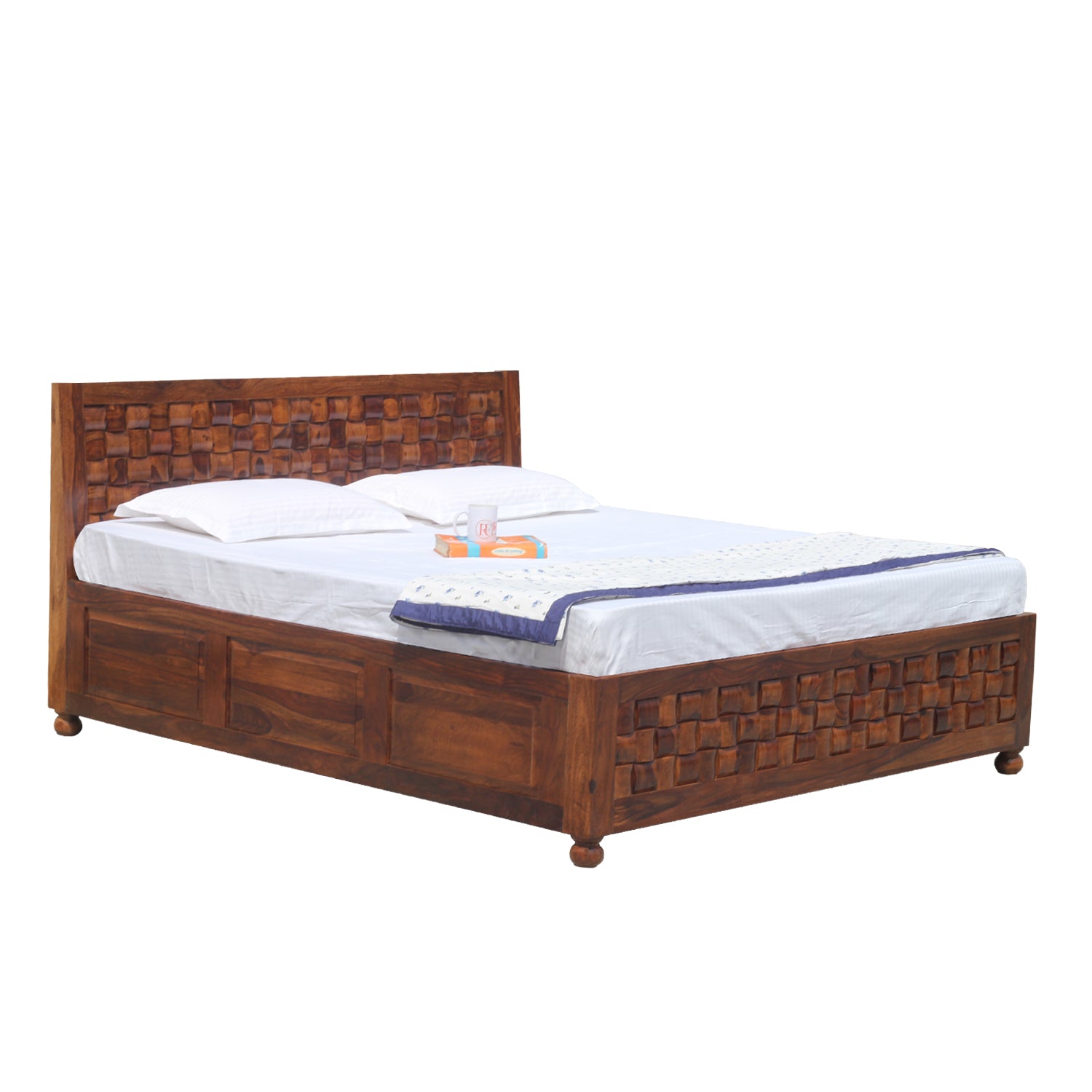 Solid Wood Niwar King Size Double Bed with Legs and Box Storage in Natural Finish - Rajasthali Furniture 