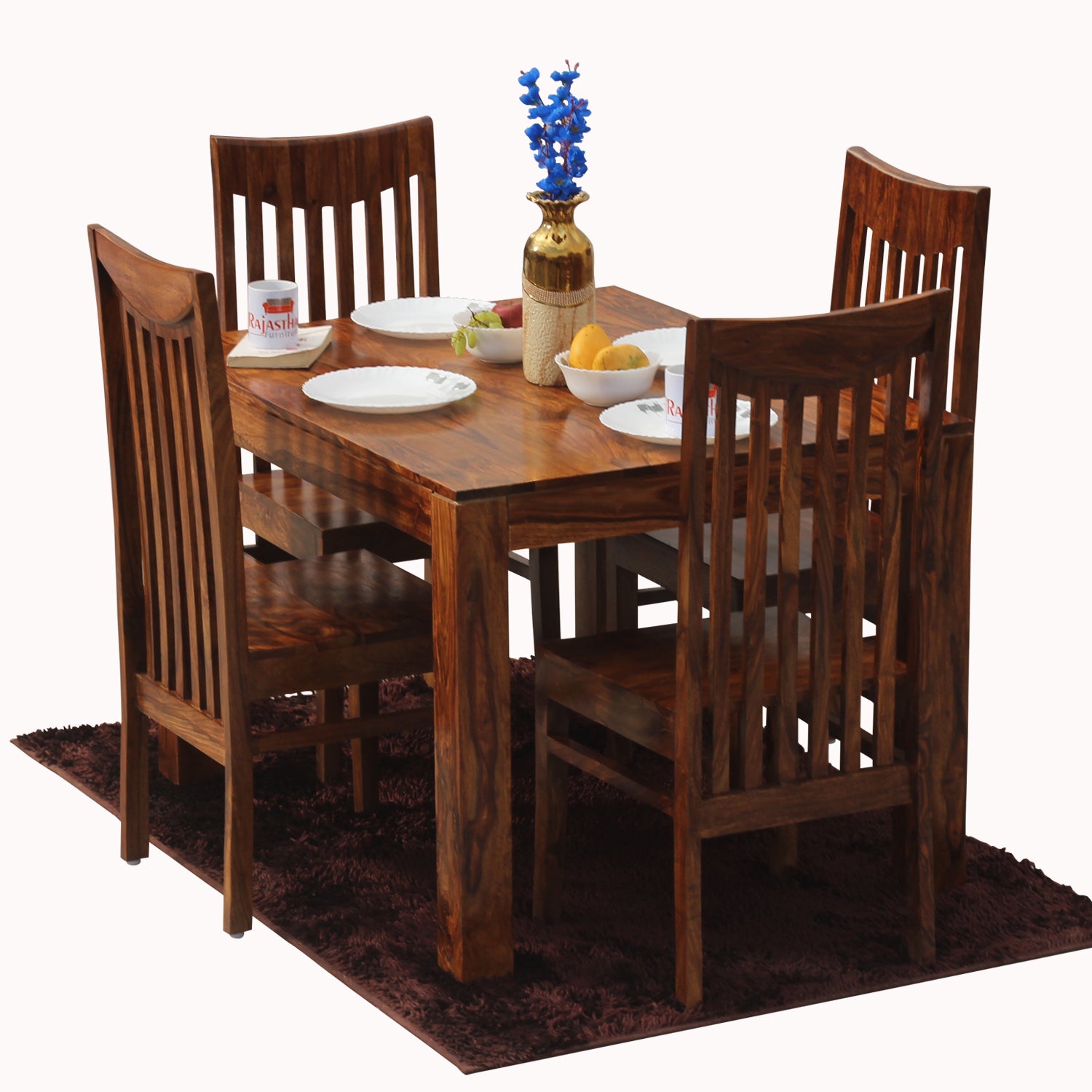 Flora Solid Sheesham Wood Four Seat Dining Table Set in Natural Finish - Rajasthali Furniture 