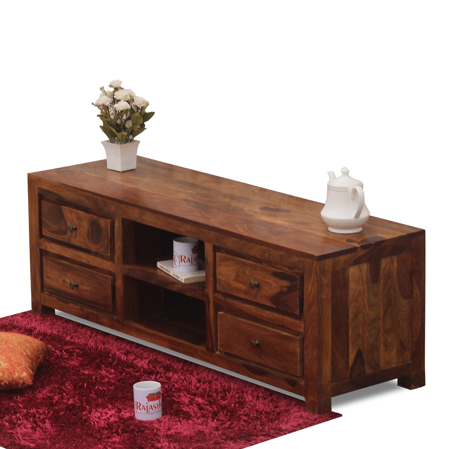 Meloni Four Drawer with One Center Shelf Wooden LCD Cabinet in Honey Oak Finish - Rajasthali Furniture 