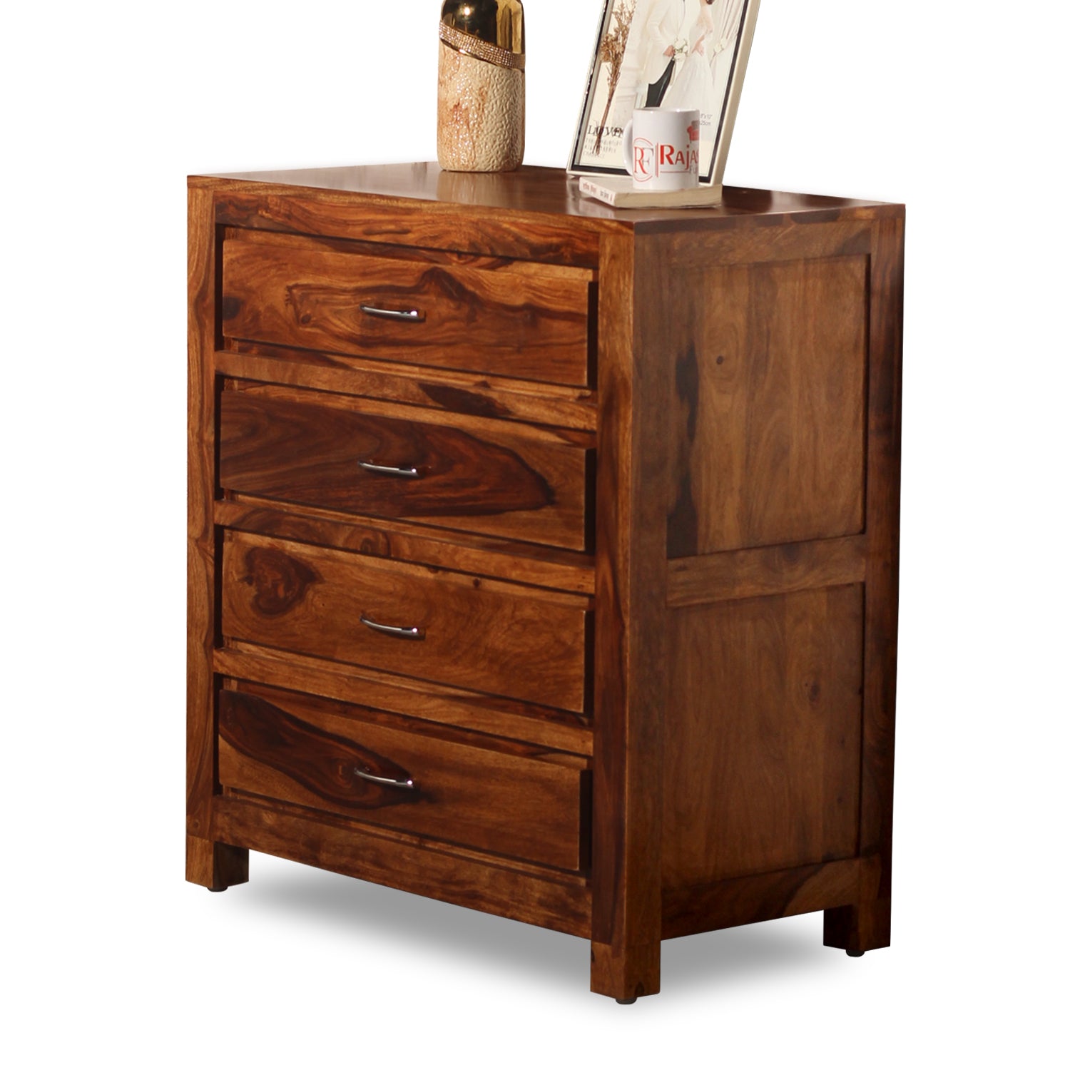 Hillary Solid Sheesham Wood Four Drawer Chest of Drawer in Natural Finish - Rajasthali Furniture 