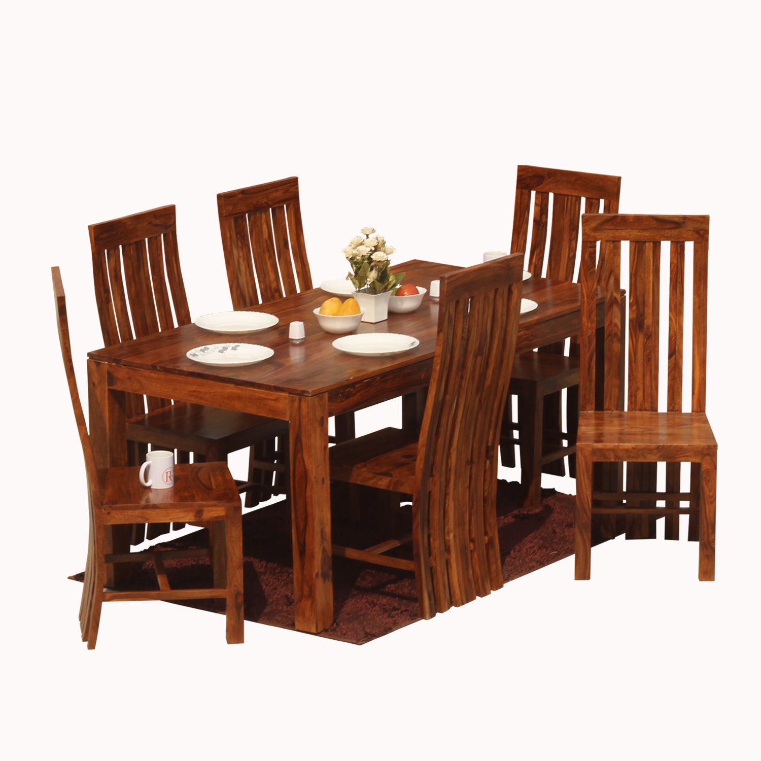 Poppy Solid Sheesham Wood Six Seat Dining Table Set in Natural Finish - Rajasthali Furniture 