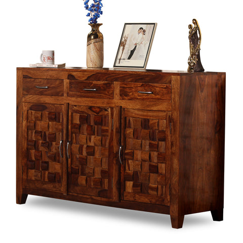 Solid Wood Three Door and Three Drawer Niwar Sideboard in natural Finish - Rajasthali Furniture 