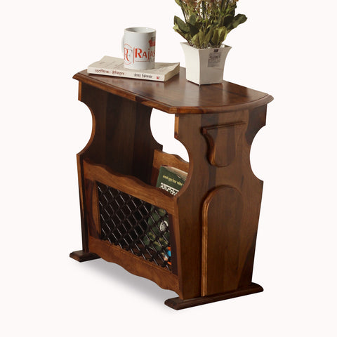 Solid Sheesham Wood Iron Jali Magazine Stand cum Side Table in Natural Finish - Rajasthali Furniture 