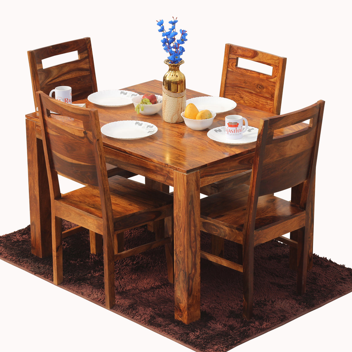 Rosa Solid Sheesham Wood Four Seat Dining table Set in Natural Finish