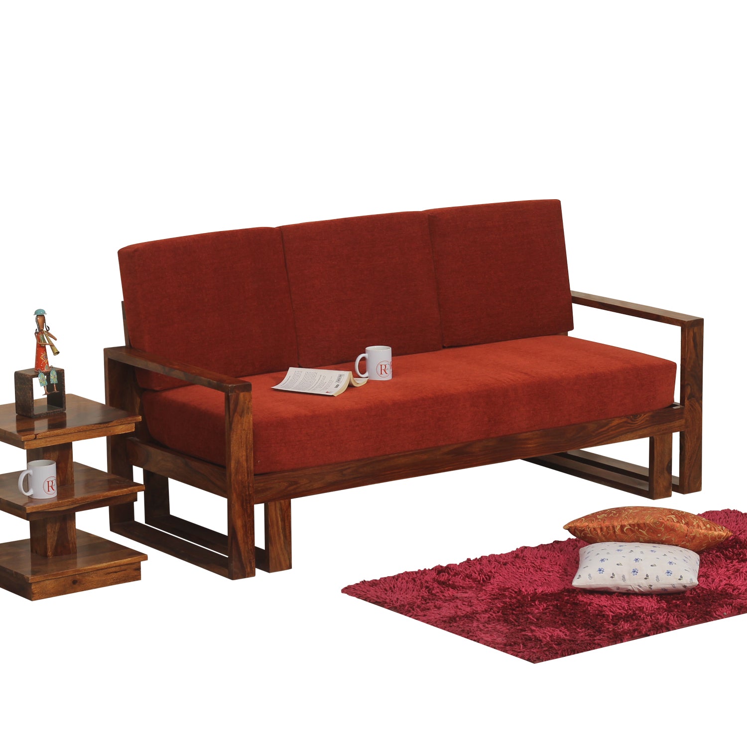 Cucus Double Leg Solid Wood Three Seat Sofa Set In Honey Oak Finished - Rajasthali Furniture 