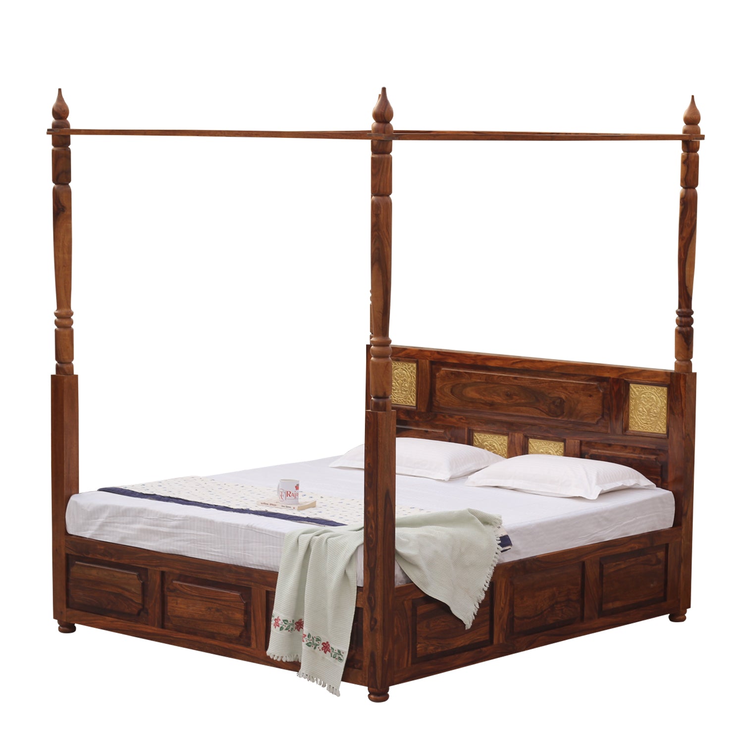 Solid Sheesham Wood King Size Four Poster Bed with Box Storage in Natural Finish - Rajasthali Furniture 