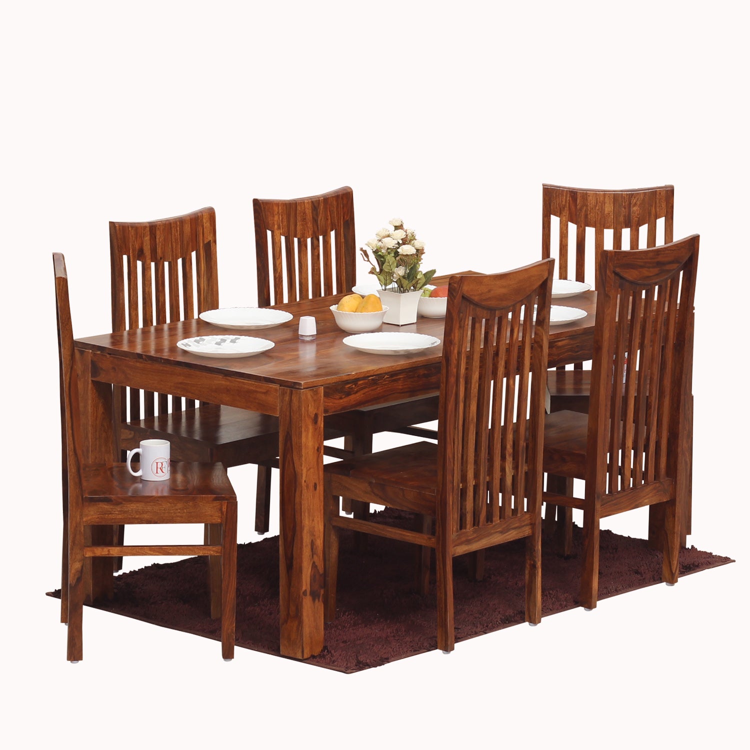 Flora Solid Sheesham Wood Six Seat Dining Table Set in Natural Finish - Rajasthali Furniture 