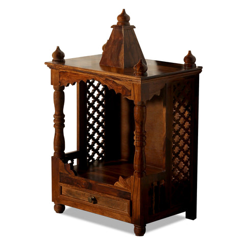 Puri Solid Wood Open Front and One Drawer Mandir in Honey Oak Finish - Rajasthali Furniture 