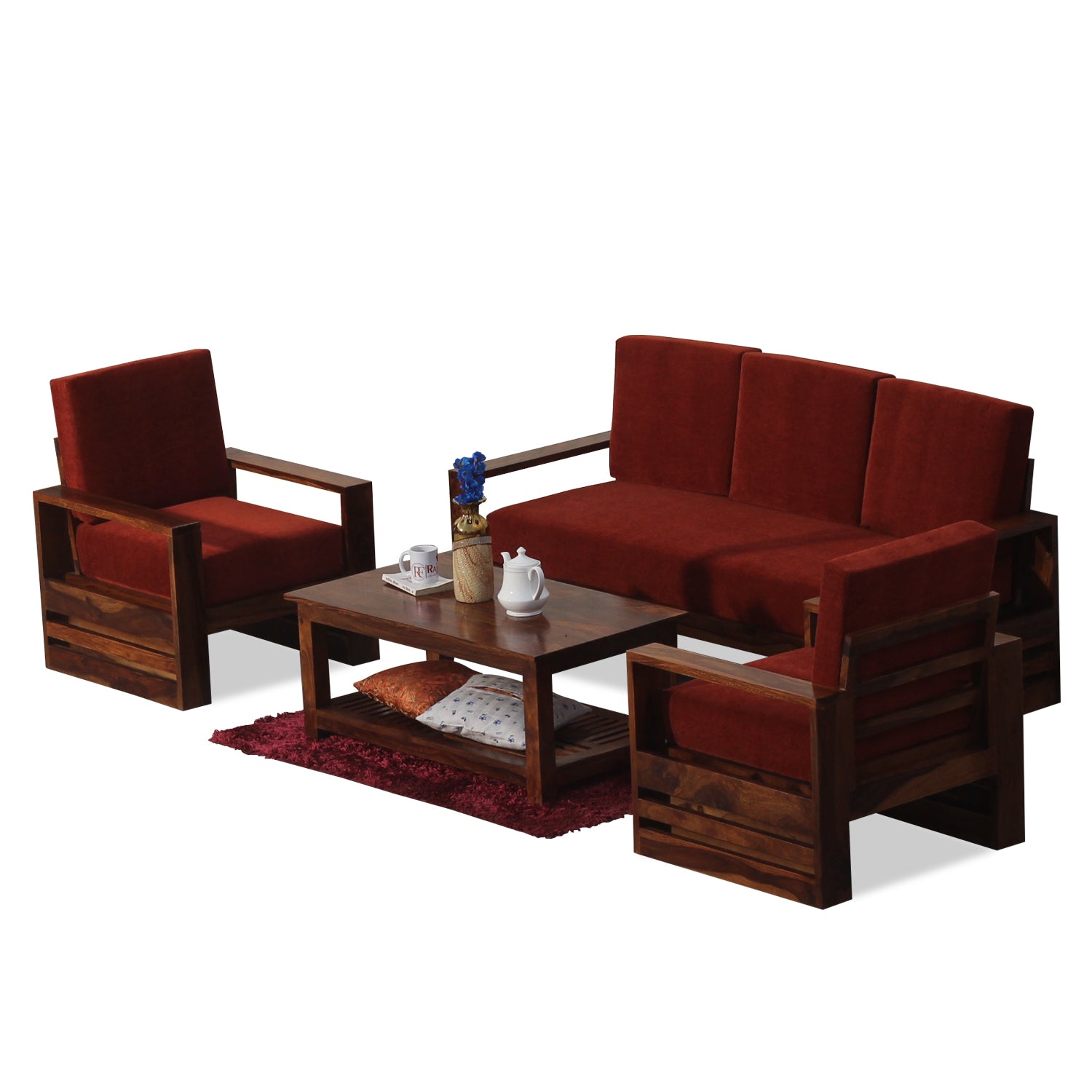 Seam Solid Wood Five Seat Sofa Set (3+1+1) In Honey Oak Finished - Rajasthali Furniture 