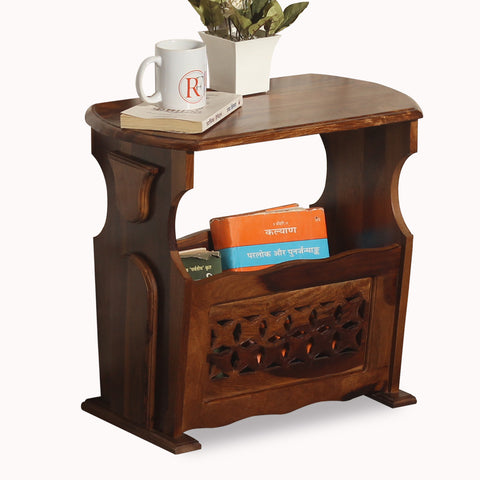 Solid Wood Star Design Magazine Stand cum Side Table in natural Finish - Rajasthali Furniture 