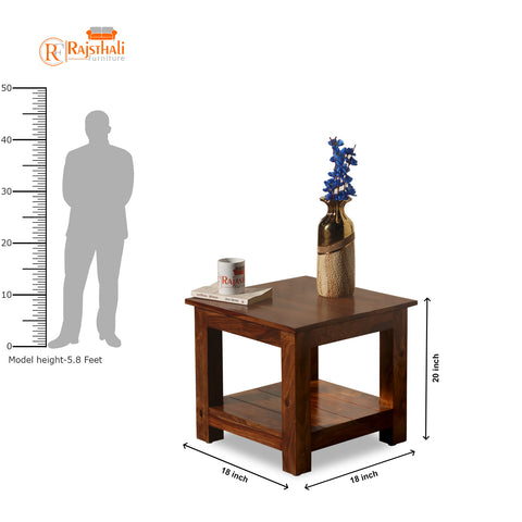 Solid Wood Floor Mounted Plain Top with wooden base Side Table in Natural Finish - Rajasthali Furniture 