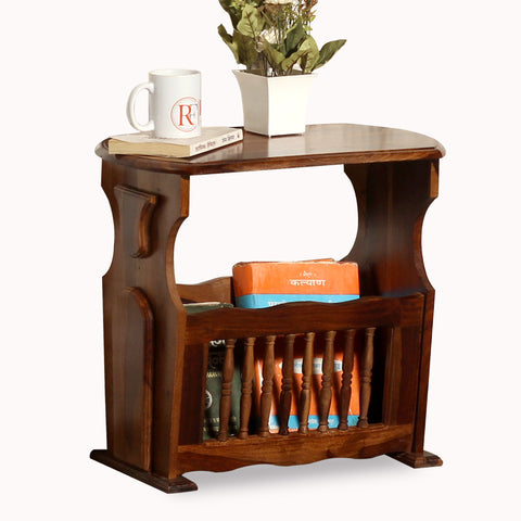 Solid Wood Gule Floor Mounted Magazine Stand cum Side Table in Natural Finish - Rajasthali Furniture 