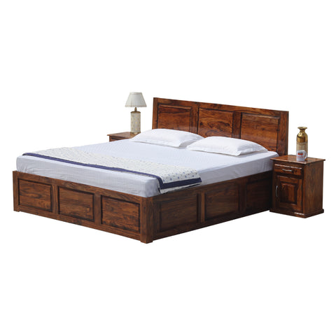 Fasica Solid Wood Double Bed with Two Bed Side with Box Storage in Honey Oak Finish