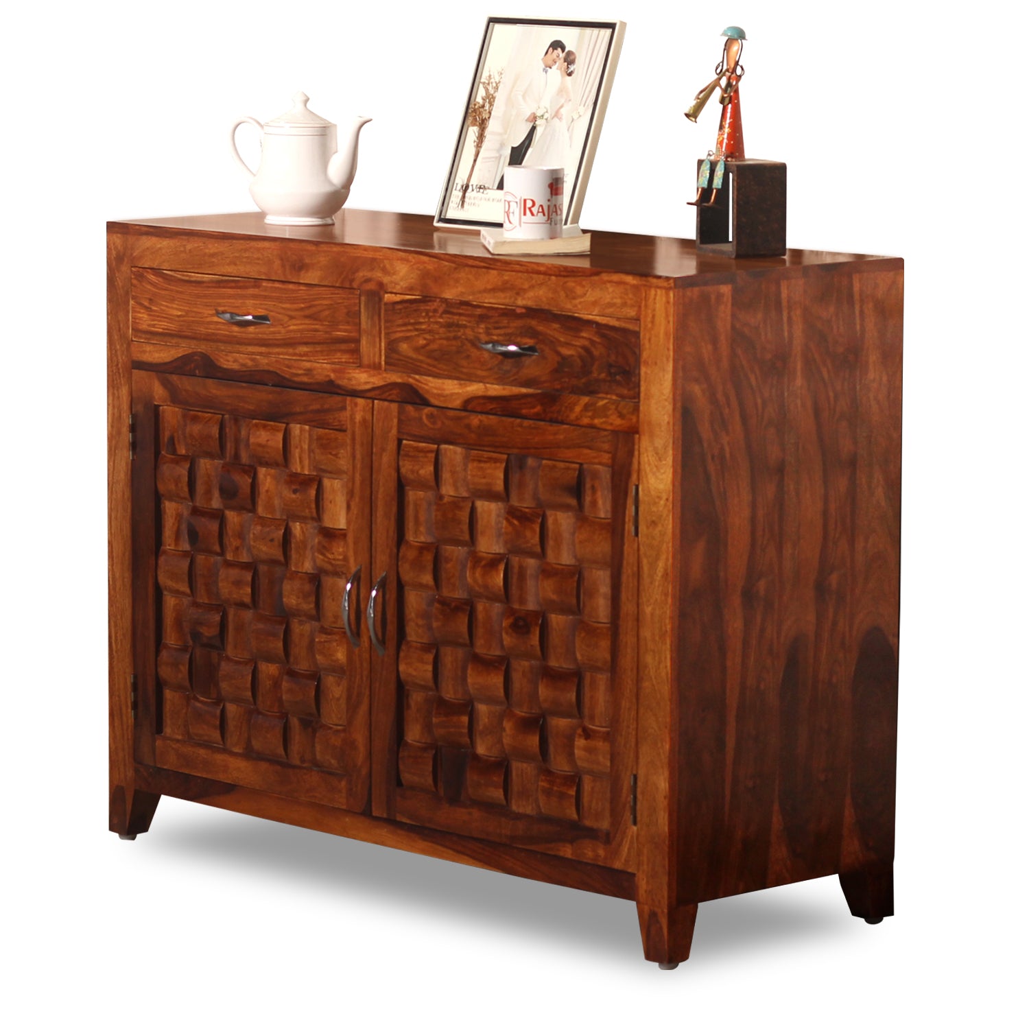 Soldi Wood Two Door and Two Drawer Niwar Sideboard in Natural Finish - Rajasthali Furniture 