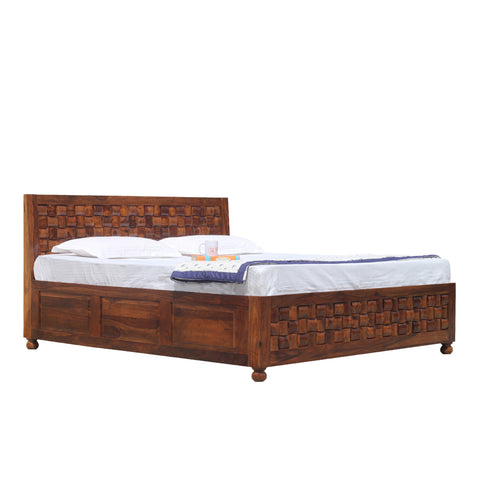 Solid Wood Niwar King Size Double Bed with Legs and Box Storage in Natural Finish - Rajasthali Furniture 