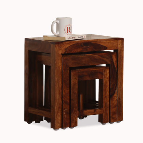 Zory Solid Wood Plain Top Nest Of Table Set Of Three in Honey Oak Finish - Rajasthali Furniture 