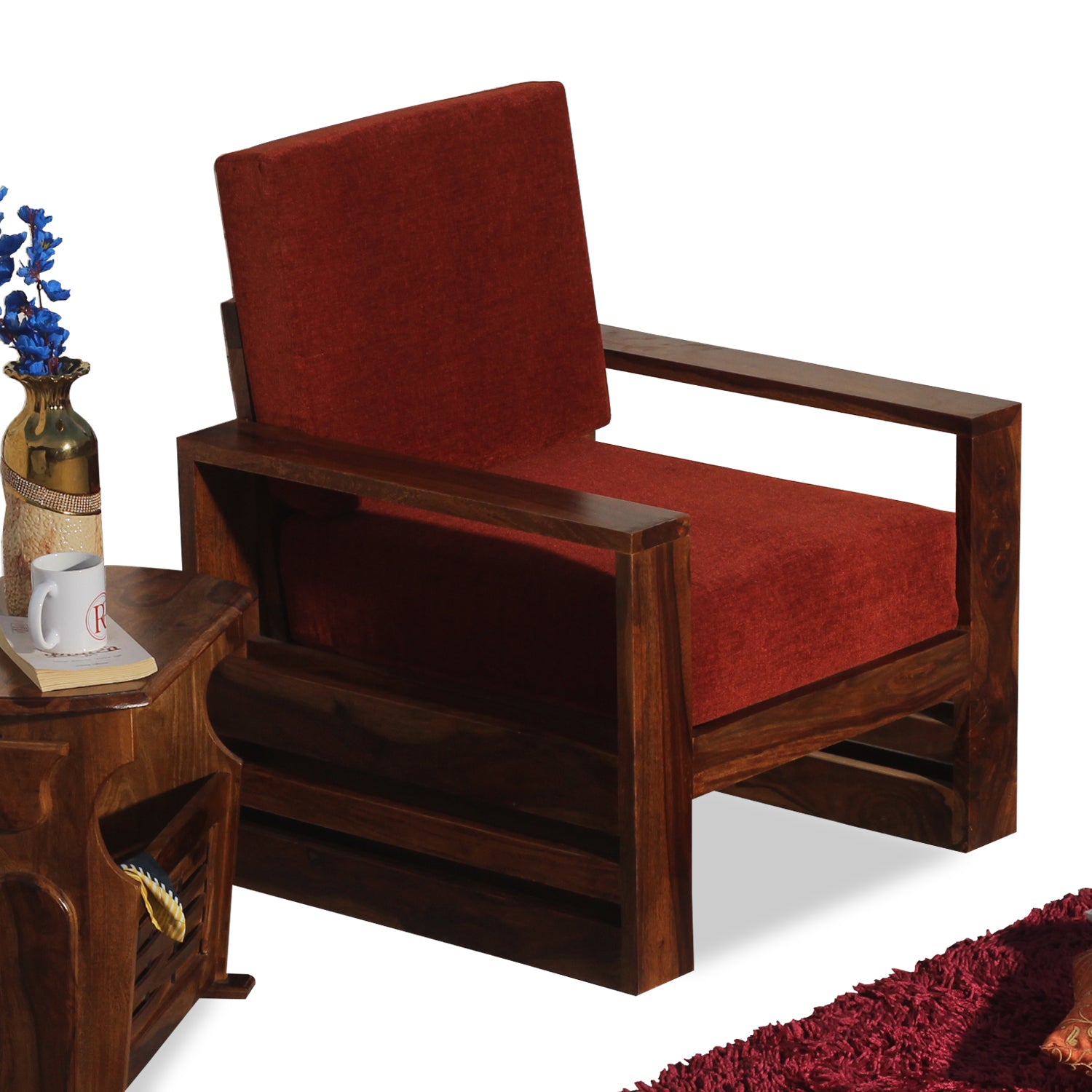 Seam Solid Wood Single Seat Sofa Set In Honey Oak Finished - Rajasthali Furniture 