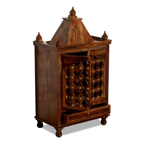 Jamini Solid Wood Double Door and One Drawer Mandir in Honey Oak Finish - Rajasthali Furniture 