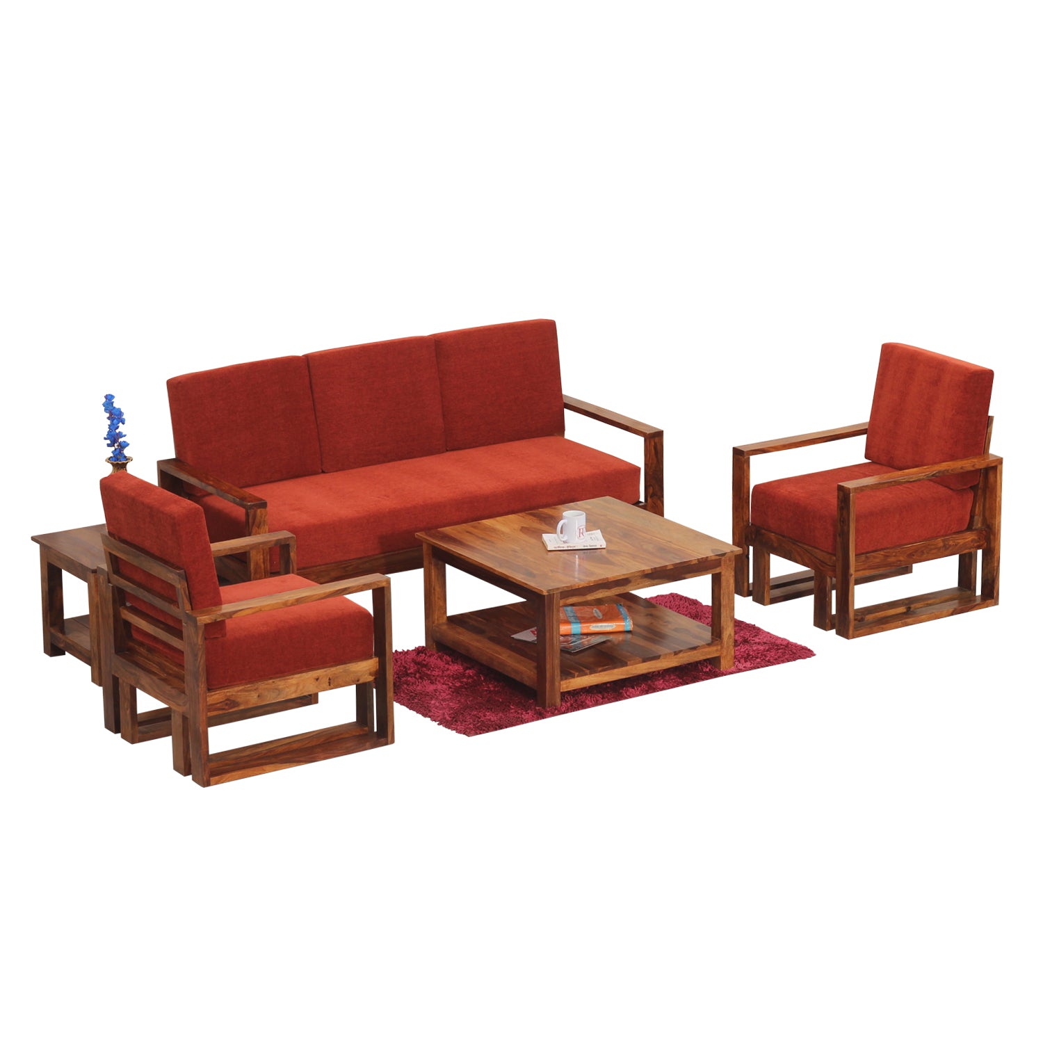 Cucus Double Leg Solid Wood Five Seat Sofa Set (3+1+1) In Honey Oak Finished - Rajasthali Furniture 