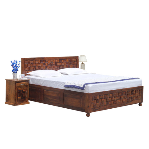 Solid Wood Niwar King Size Double Bed with Legs and Box Storage in Natural Finish With Two Bedside - Rajasthali Furniture 