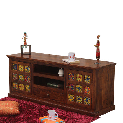 Lazio Two Door with One Center Drawer Wooden LCD Cabinet in Honey oak Finish - Rajasthali Furniture 