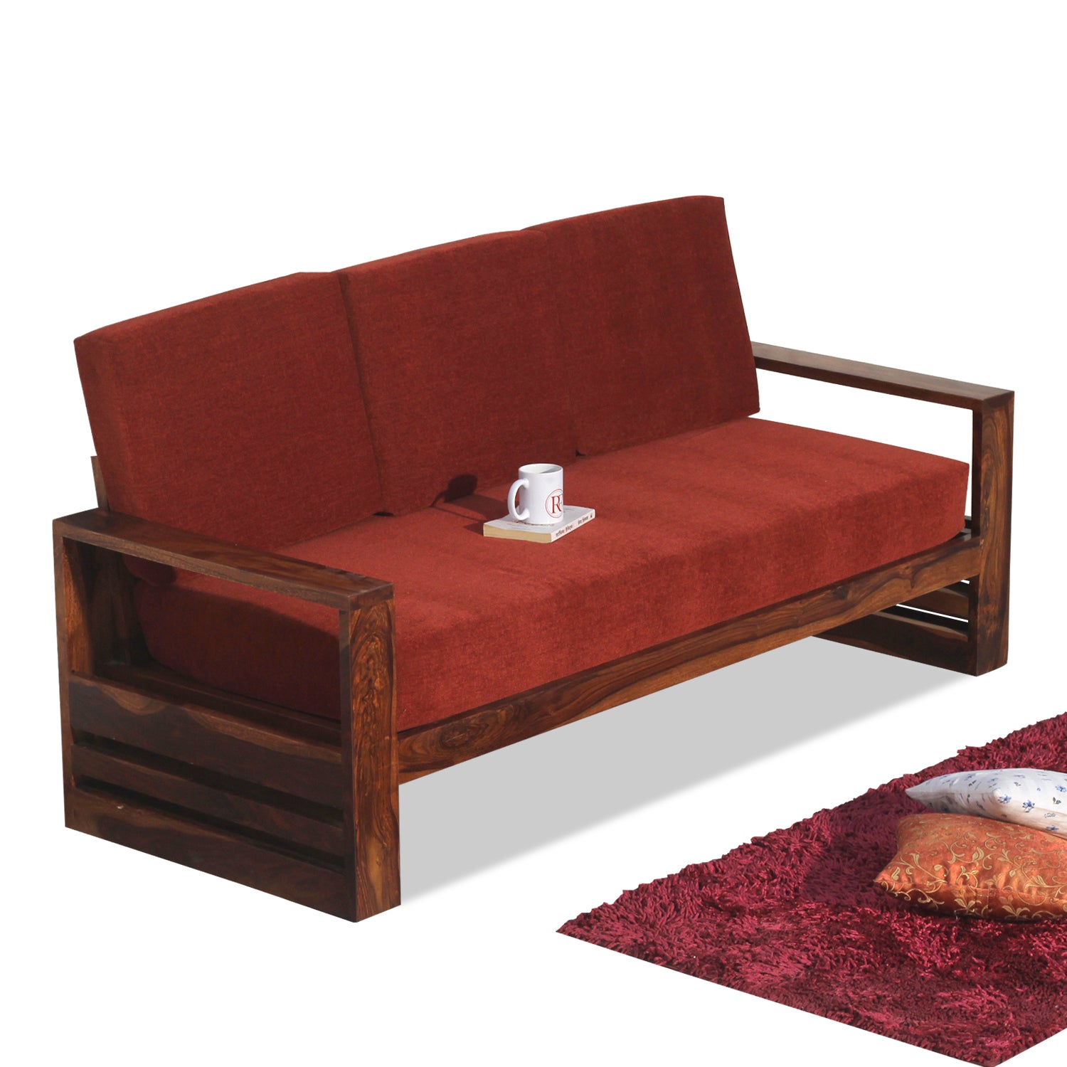 Seam Solid Wood Three Seat Sofa Set In Honey Oak Finished - Rajasthali Furniture 