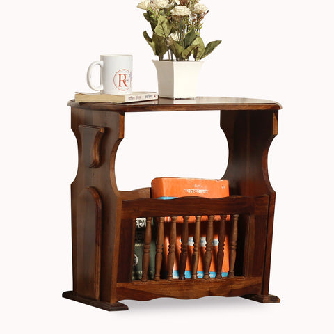 Solid Wood Gule Floor Mounted Magazine Stand cum Side Table in Natural Finish - Rajasthali Furniture 