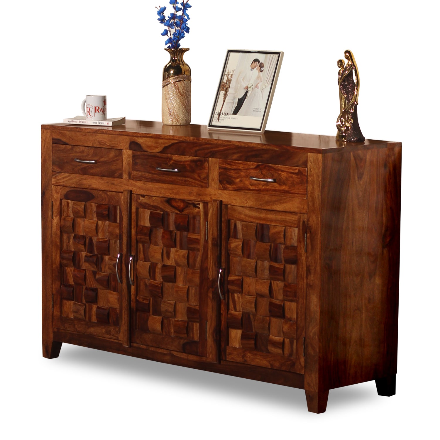 Solid Wood Three Door and Three Drawer Niwar Sideboard in natural Finish - Rajasthali Furniture 