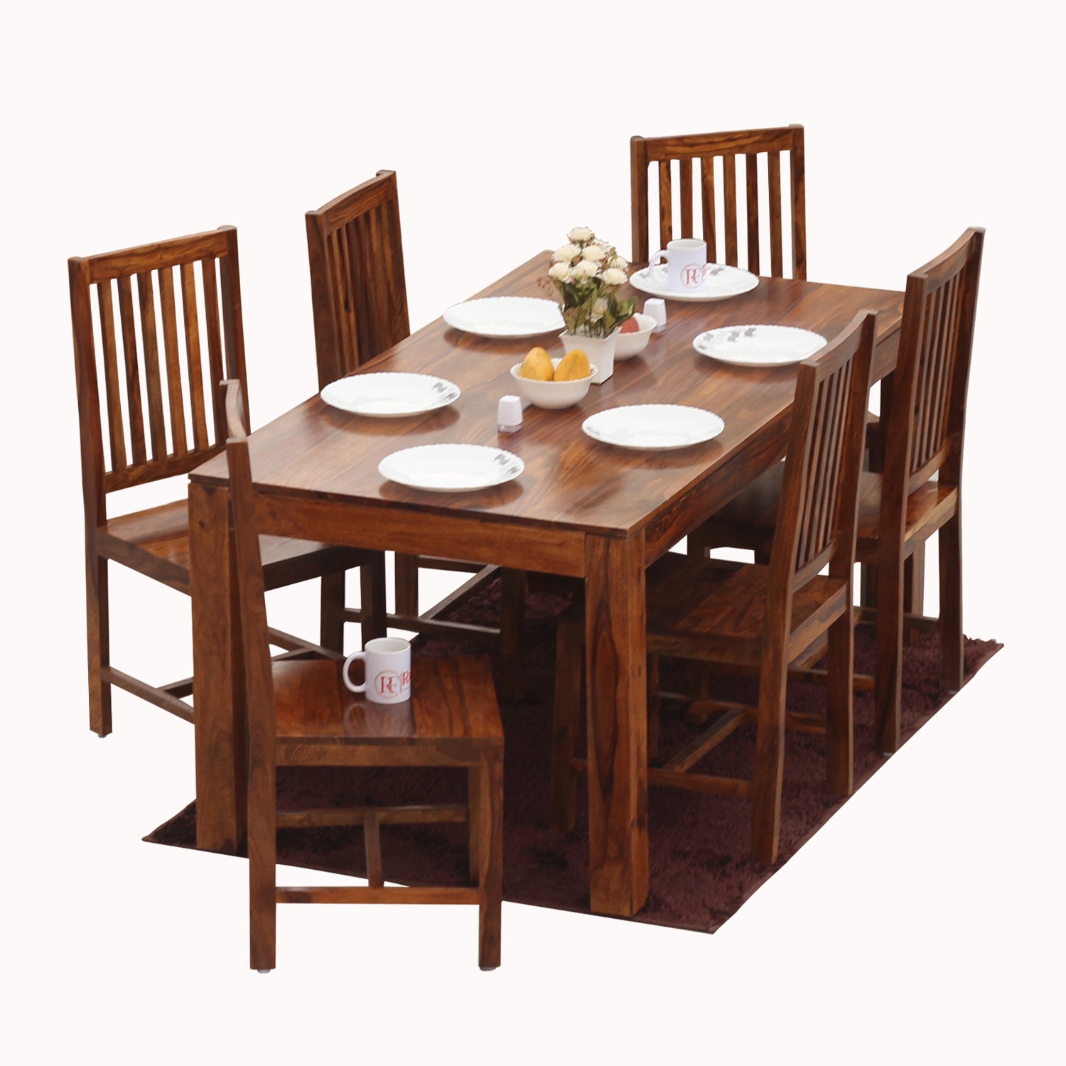 Samoa Solid Sheesham Wood Six Seat Dining Table set in Natural Finish - Rajasthali Furniture 