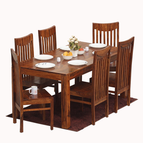 Flora Solid Sheesham Wood Six Seat Dining Table Set in Natural Finish - Rajasthali Furniture 