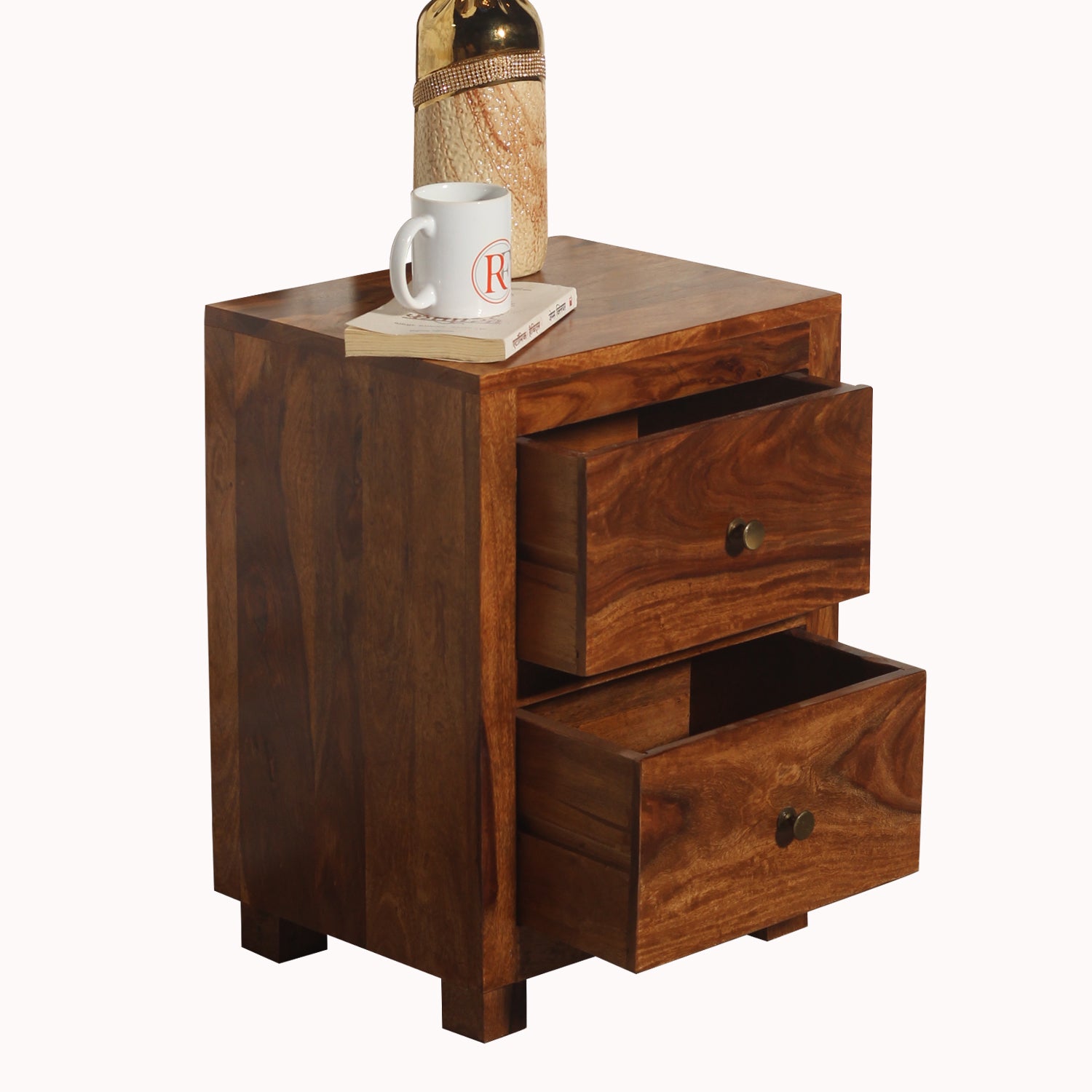 Eastleigh Two Drawer Wooden Bed Side Table in Honey oak Finish - Rajasthali Furniture 