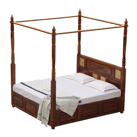 Solid Sheesham Wood King Size Four Poster Bed with Box Storage in Natural Finish - Rajasthali Furniture 