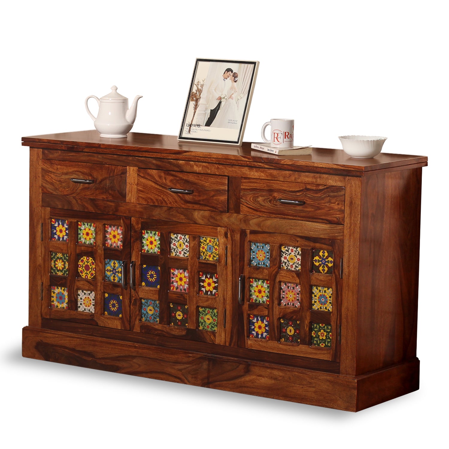 Mistana Solid Wood Three Door Three Drawer Ceramic Tile Sideboard in Natural Finish - Rajasthali Furniture 