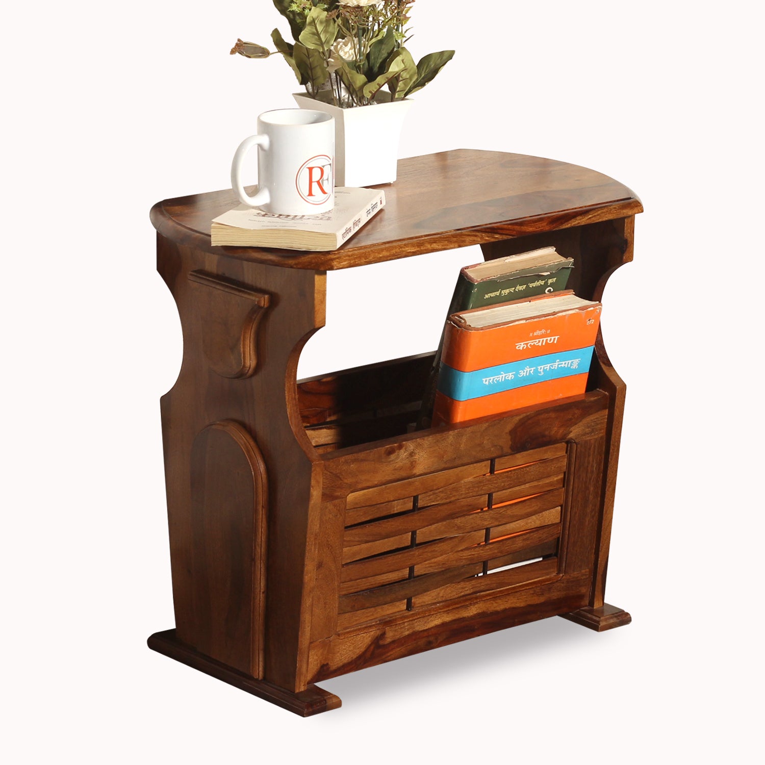 Solid Wood Niwar Magzine Stand cum Side Table in Natural Finish - Rajasthali Furniture 