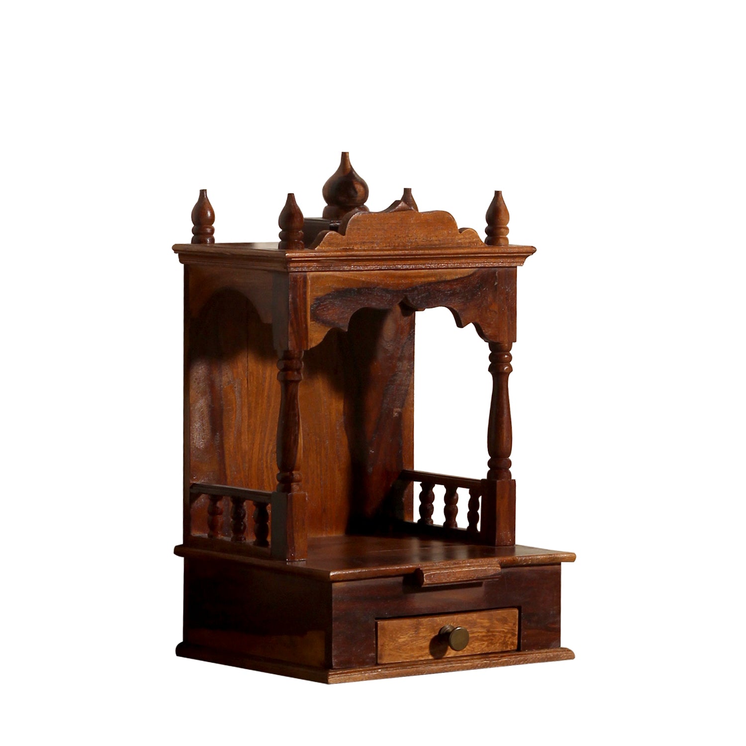 Sunak Solid Wood One Shelf and One Drawer Open Wall Mount Mandir in honey oak Finish - Rajasthali Furniture 