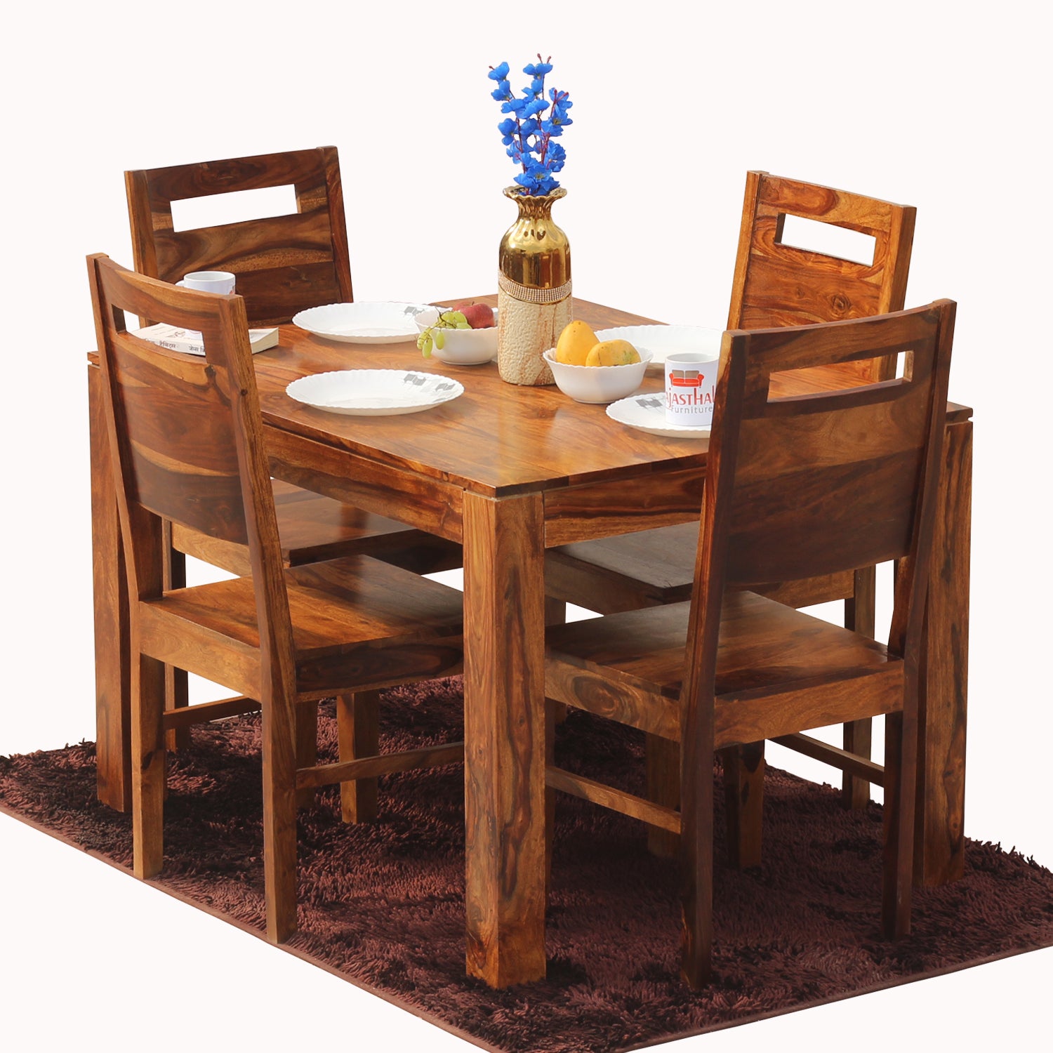 Rosa Solid Sheesham Wood Four Seat Dining table Set in Natural Finish - Rajasthali Furniture 