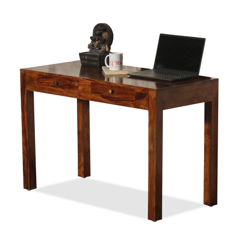 Sticky Solid Wood Two Drawer Writing Table cum Study Table in Honey Oak Finish - Rajasthali Furniture 