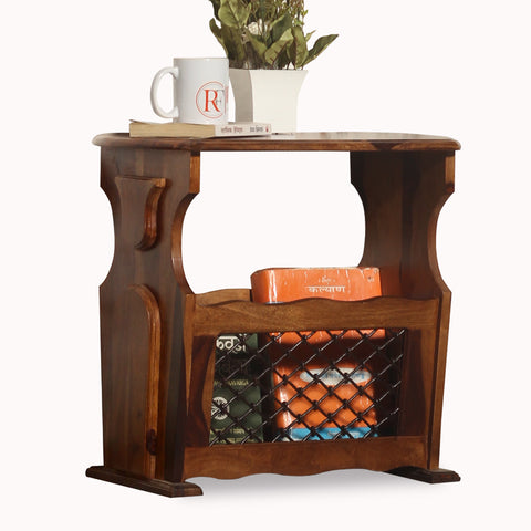 Solid Sheesham Wood Iron Jali Magazine Stand cum Side Table in Natural Finish - Rajasthali Furniture 