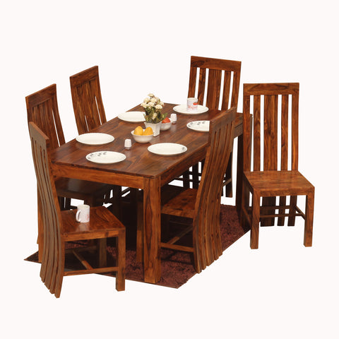 Poppy Solid Sheesham Wood Six Seat Dining Table Set in Natural Finish - Rajasthali Furniture 