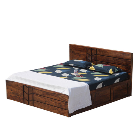 Solid Wood M Design King Size Double Bed with Box Storage in Natural Finish - Rajasthali Furniture 