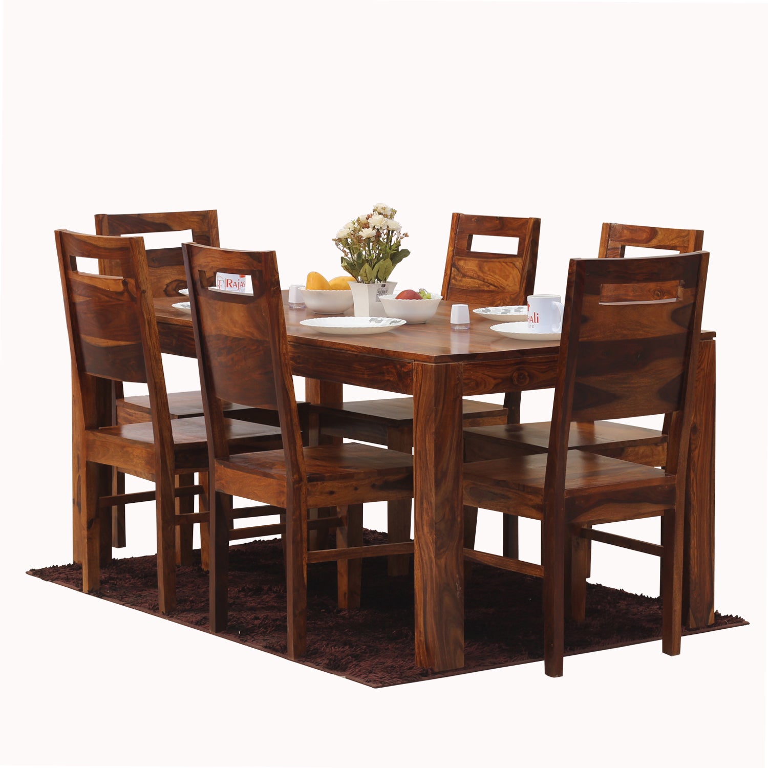 Rosa Solid Sheesham Wood Six Seat Dining Table Set in Natural Finish - Rajasthali Furniture 