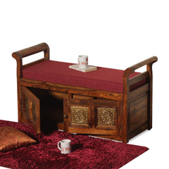 Bluet Upholstery Solid Wood Arm Bench with Storage in Honey Oak Finish - Rajasthali Furniture 